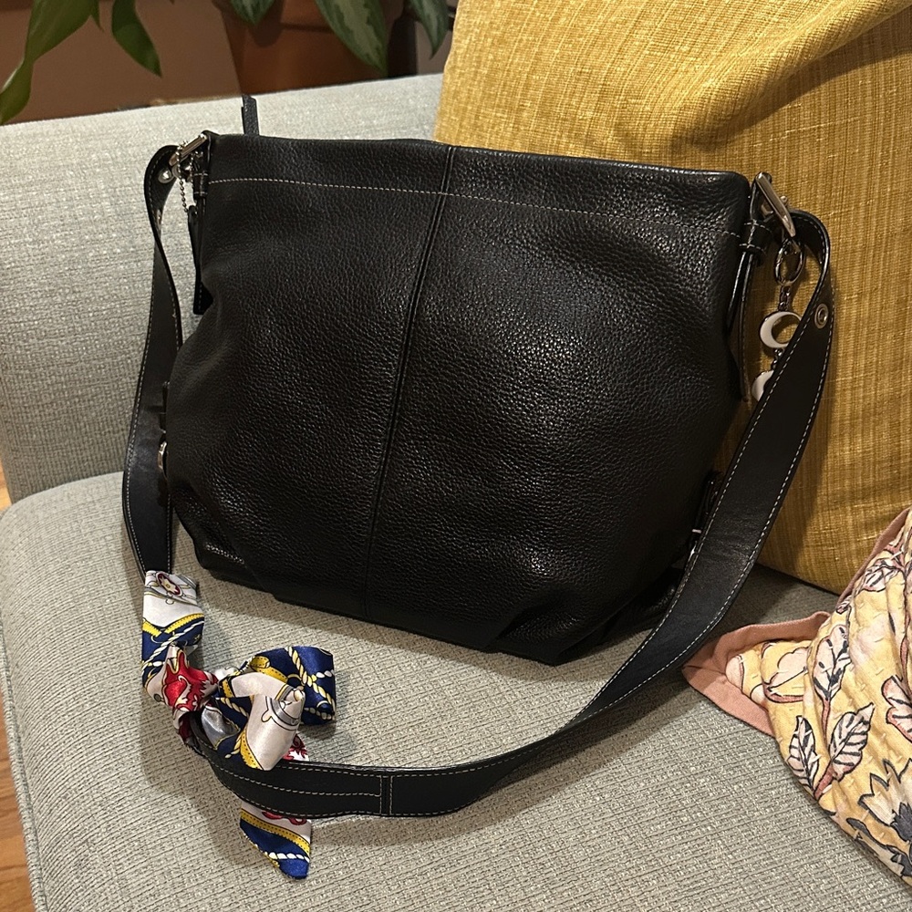 Coach Black Leather Shoulder Bag with Scarf Accent